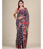 Grey And Red Silk Cotton Handwoven Soft Jamdani Saree Without Blouse