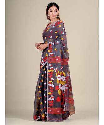 Grey And Red Silk Cotton Handwoven Soft Jamdani Saree Without Blouse 2