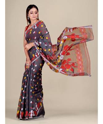 Grey And Red Silk Cotton Handwoven Soft Jamdani Saree Without Blouse 3