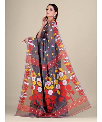 Grey And Red Silk Cotton Handwoven Soft Jamdani Saree Without Blouse 4