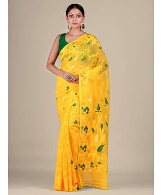 Yellow And Green Silk Cotton Handwoven Soft Jamdani Saree Without Blouse 1