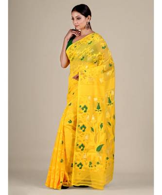 Yellow And Green Silk Cotton Handwoven Soft Jamdani Saree Without Blouse 2