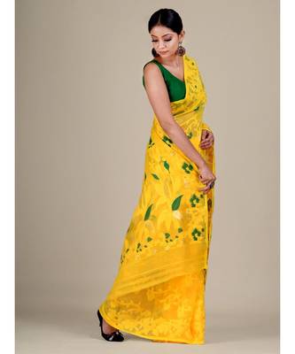 Yellow And Green Silk Cotton Handwoven Soft Jamdani Saree Without Blouse 4