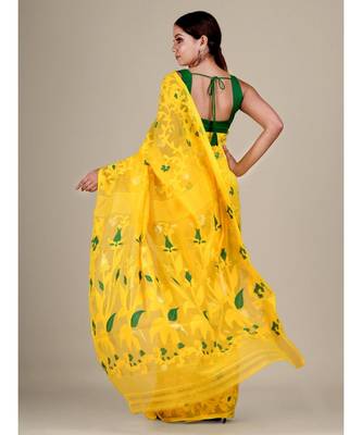 Yellow And Green Silk Cotton Handwoven Soft Jamdani Saree Without Blouse 5