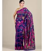 Blue And Magenta Silk Cotton Handwoven Soft Jamdani Saree Without Blouse