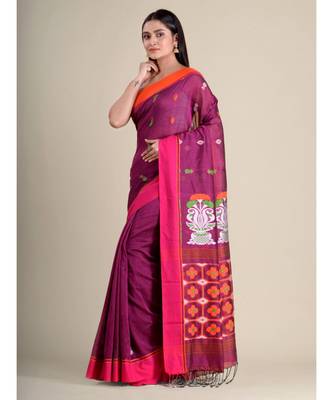 Magenta handwoven soft cotton saree with Blouse Fabric 3