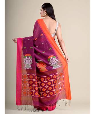 Magenta handwoven soft cotton saree with Blouse Fabric 4