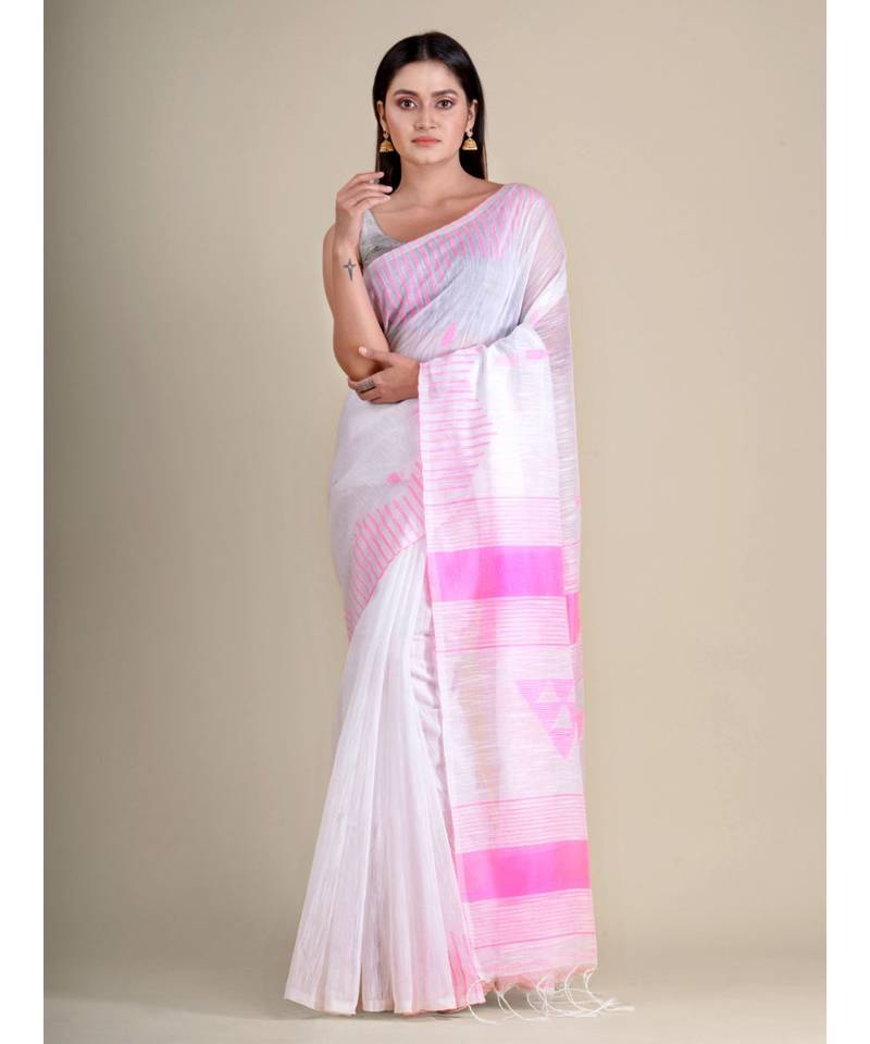 White handwoven soft blended cotton saree