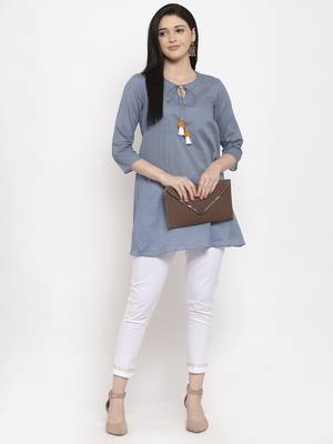 Blue plain cotton long-dresses 1