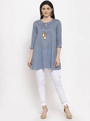 Blue plain cotton long-dresses 4