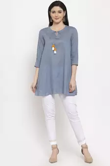 Blue plain cotton long-dresses