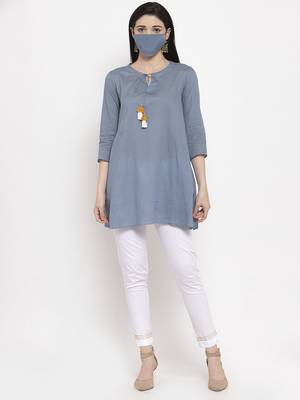 Blue plain cotton long-dresses 5