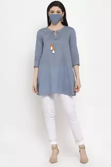 Blue plain cotton long-dresses