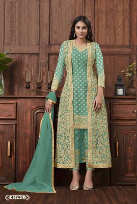 Aqua-blue embroidered net salwar 1