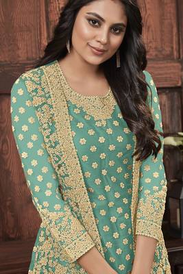 Aqua-blue embroidered net salwar 2