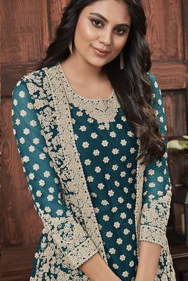 Teal embroidered net salwar 2