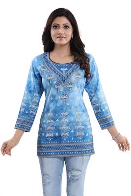 Novelista Sky Blue Faux Crepe Printed Short Kurti 3