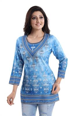 Novelista Sky Blue Faux Crepe Printed Short Kurti 4