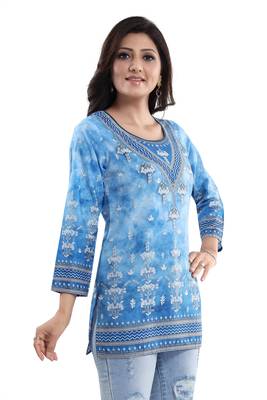 Novelista Sky Blue Faux Crepe Printed Short Kurti 5