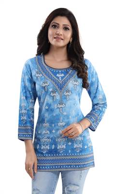 Novelista Sky Blue Faux Crepe Printed Short Kurti 1