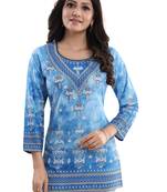 Novelista Sky Blue Faux Crepe Printed Short Kurti