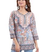 Phenomenal Blue Faux Crepe Printed Short Kurti  For Women