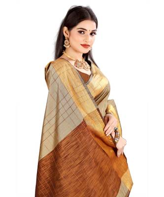 cream silk  saree with blouse piece 4