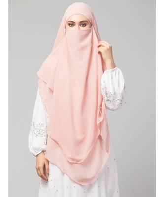 Pink Polyester georgette Triangle tow layers tie at back Ready to wear Hijab cum Naqab 6