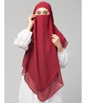 Maroon Polyester georgette Triangle tow layers tie at back Ready to wear Hijab cum Naqab 6