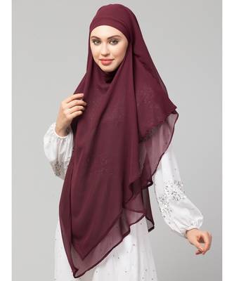Wine Polyester georgette Triangle tow layers tie at back Ready to wear Hijab cum Naqab 3