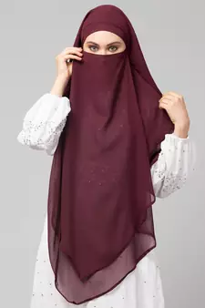 Wine Polyester georgette Triangle tow layers tie at back Ready to wear Hijab cum Naqab