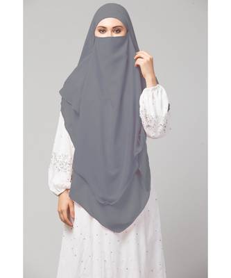 Grey Polyester georgette Triangle tow layers tie at back Ready to wear Hijab cum Naqab 2