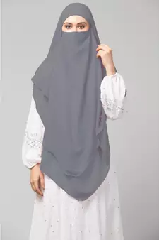 Grey Polyester georgette Triangle tow layers tie at back Ready to wear Hijab cum Naqab