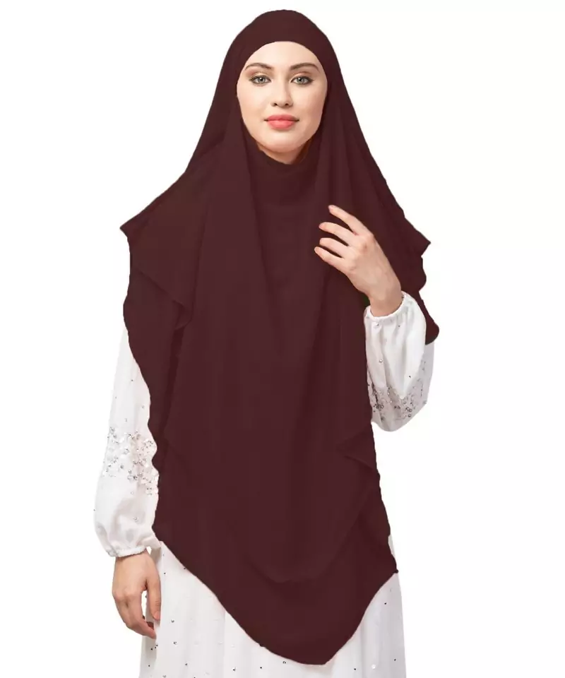 Brown  Polyester georgette Triangle tow layers tie at back Ready to wear Hijab cum Naqab
