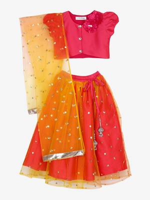 Saka Designs Orange and Magenta Lehenga choli with flowers on the yoke 1