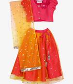 Saka Designs Orange and Magenta Lehenga choli with flowers on the yoke