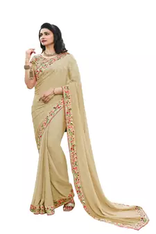 Beige printed georgette saree with blouse