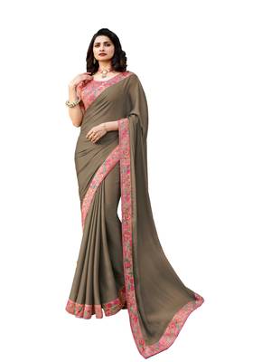 Grey printed georgette saree with blouse 1