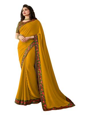Yellow printed georgette saree with blouse 1