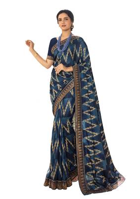 Blue printed georgette saree with blouse 1