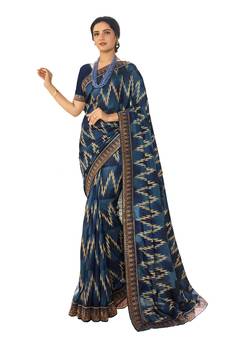 Blue printed georgette saree with blouse