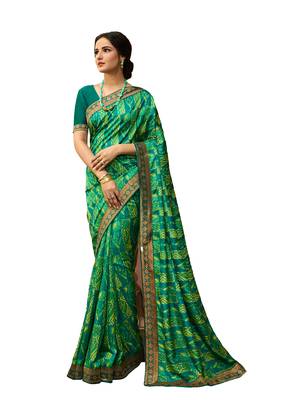 Parrot green printed georgette saree with blouse 1