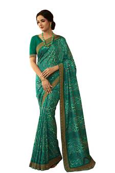 Green printed georgette saree with blouse