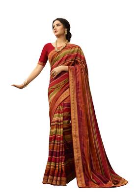 Red printed georgette saree with blouse 1
