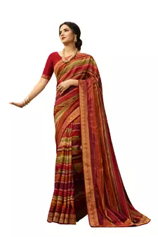 Red printed georgette saree with blouse