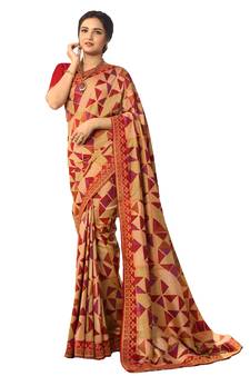 Red printed georgette saree with blouse