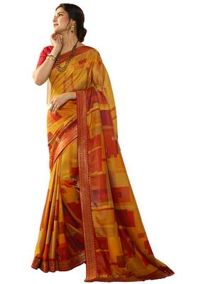 Yellow printed georgette saree with blouse 1
