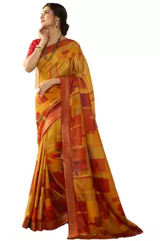 Yellow printed georgette saree with blouse