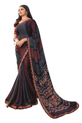 Blue printed georgette saree with blouse 1