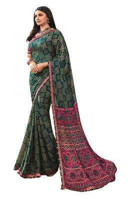 Green printed georgette saree with blouse 1